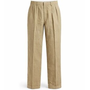 Polo Ralph Lauren Mens Pleated Linen Trousers Tan Khaki Cuffed Dress Pants 35x30